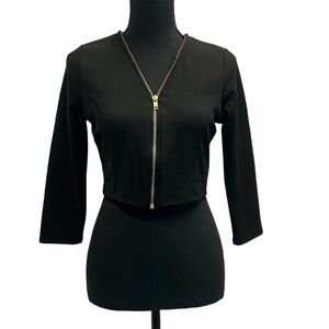 Forever 21 black long sleeve V-neck full zipper front crop top Sz L